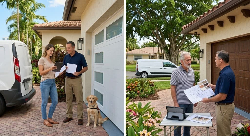 A professional garage door technician consulting with homeowners in Miami, reviewing options for modern and traditional garage doors