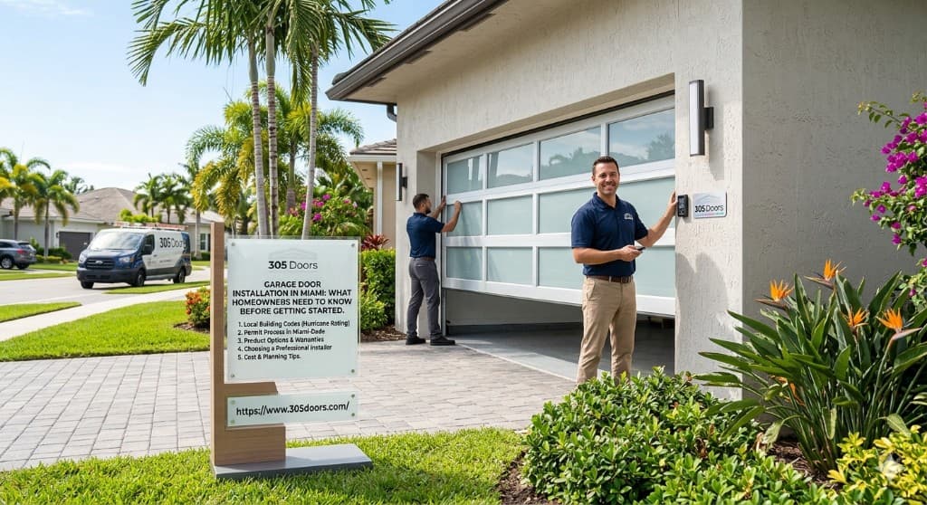 305 Doors technicians installing a modern glass-panel garage door at a Miami home, with service van and branded project sign