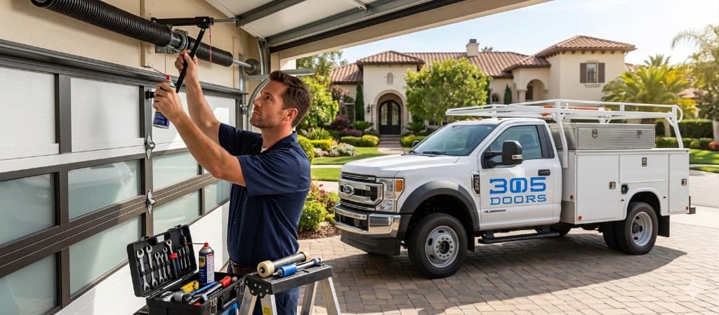 305 Doors technician lubricating garage door tracks and torsion spring during maintenance at a Miami home, branded service truck in driveway